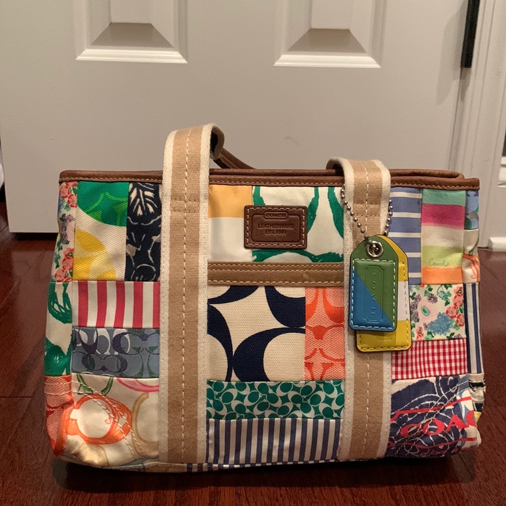 Multi patterned mini coach tote purse with zip closure